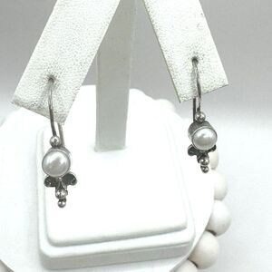 Vtg Antique White Pearl Bali Style Sterling Silver Drop Earrings Dainty Feminine
